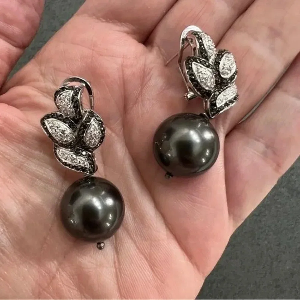 Faux Tahitian Pearl CZ Stone Drop Earrings